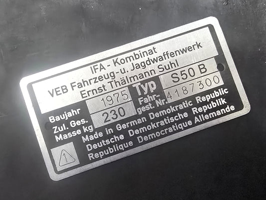 IFA Typenschild Simson S50 1974 / 75 230kg - Kundenwunsch Nachfertigung