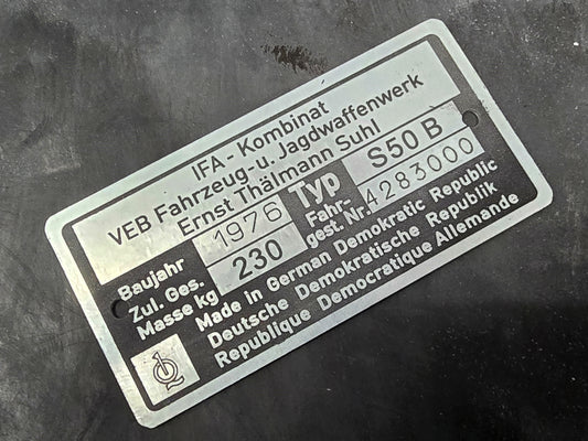 IFA Typenschild Simson S50 1976 / 77 / 78 230kg - Kundenwunsch Nachfertigung