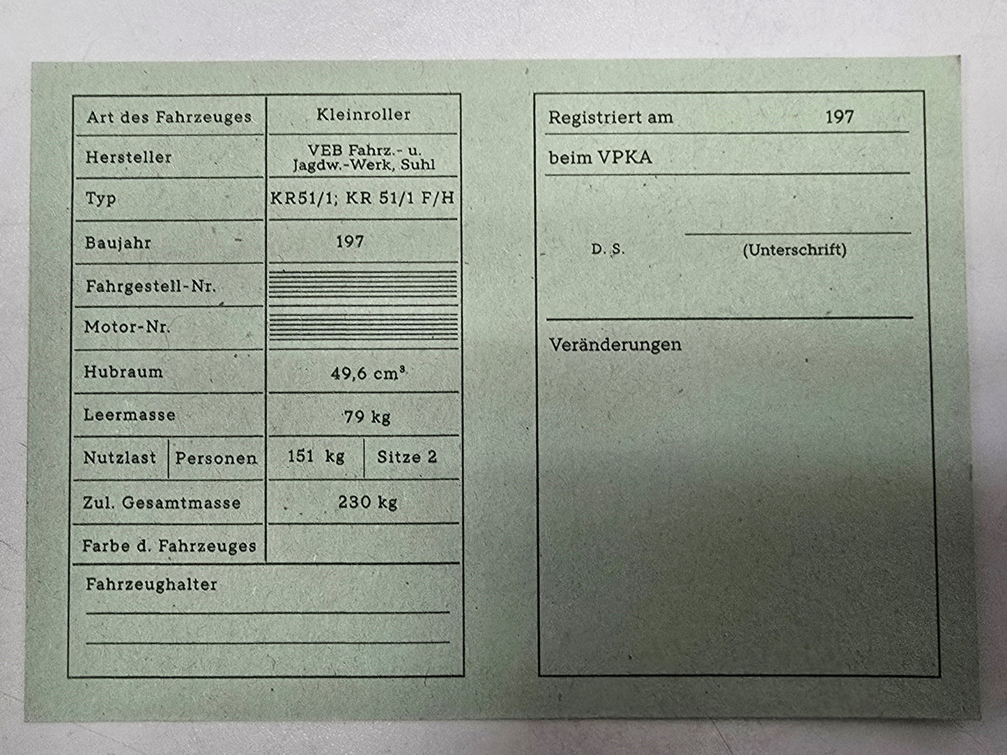 Simson Registrierschein DDR KR51/1 F/H 230 kg VK46a Blanko