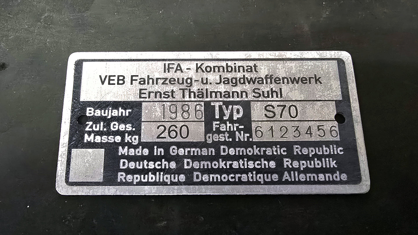 IFA Typenschild Simson S70 260kg - Kundenwunsch Nachfertigung