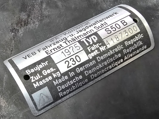 IFA Typenschild Simson S50 1974 / 75 230kg - Kundenwunsch Nachfertigung