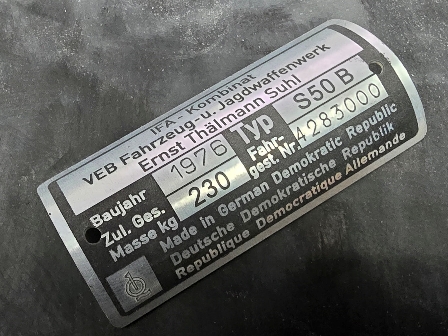 IFA Typenschild Simson S50 1976 / 77 / 78 230kg - Kundenwunsch Nachfertigung