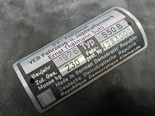 IFA Typenschild Simson S50 1976 / 77 / 78 230kg - Kundenwunsch Nachfertigung