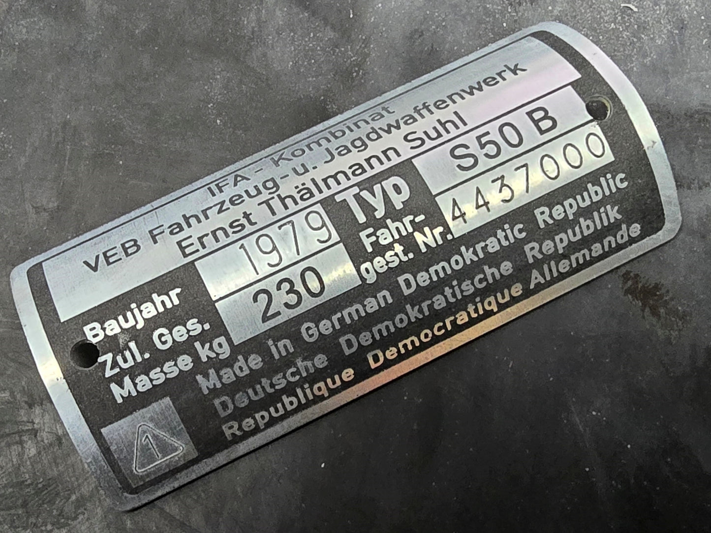 IFA Typenschild Simson S50 ab 1979 230kg - Kundenwunsch Nachfertigung