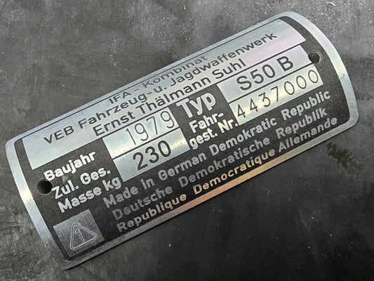 IFA Typenschild Simson S50 ab 1979 230kg - Kundenwunsch Nachfertigung