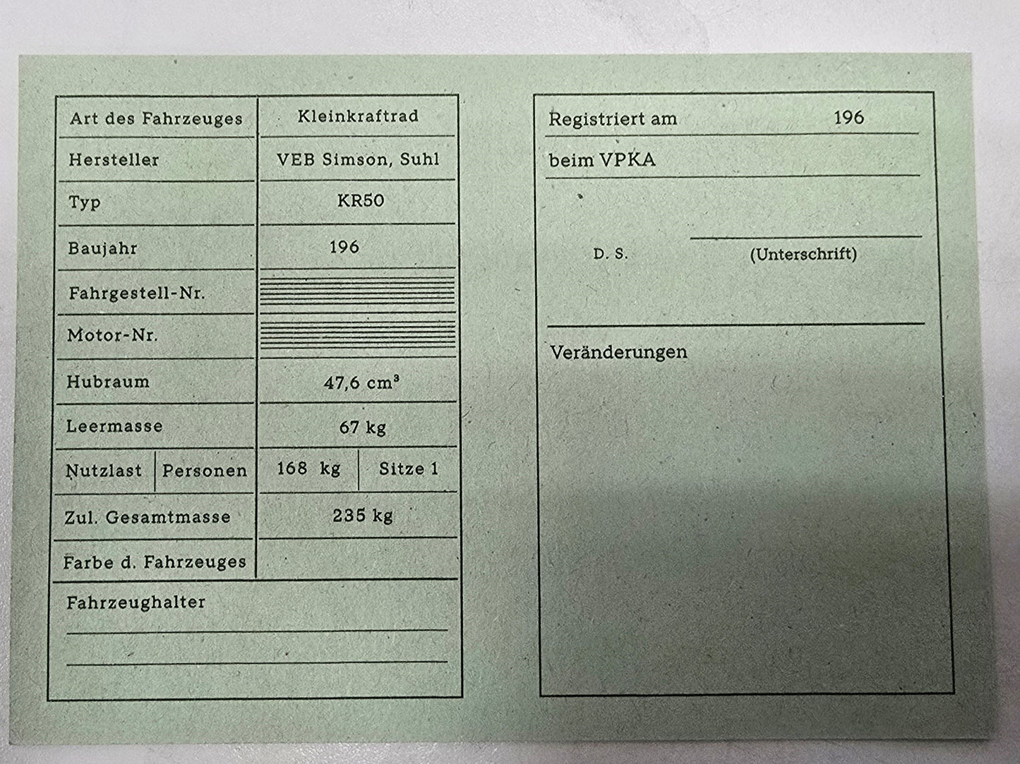 Simson Registrierschein DDR KR50 235kg VK46a Blanko