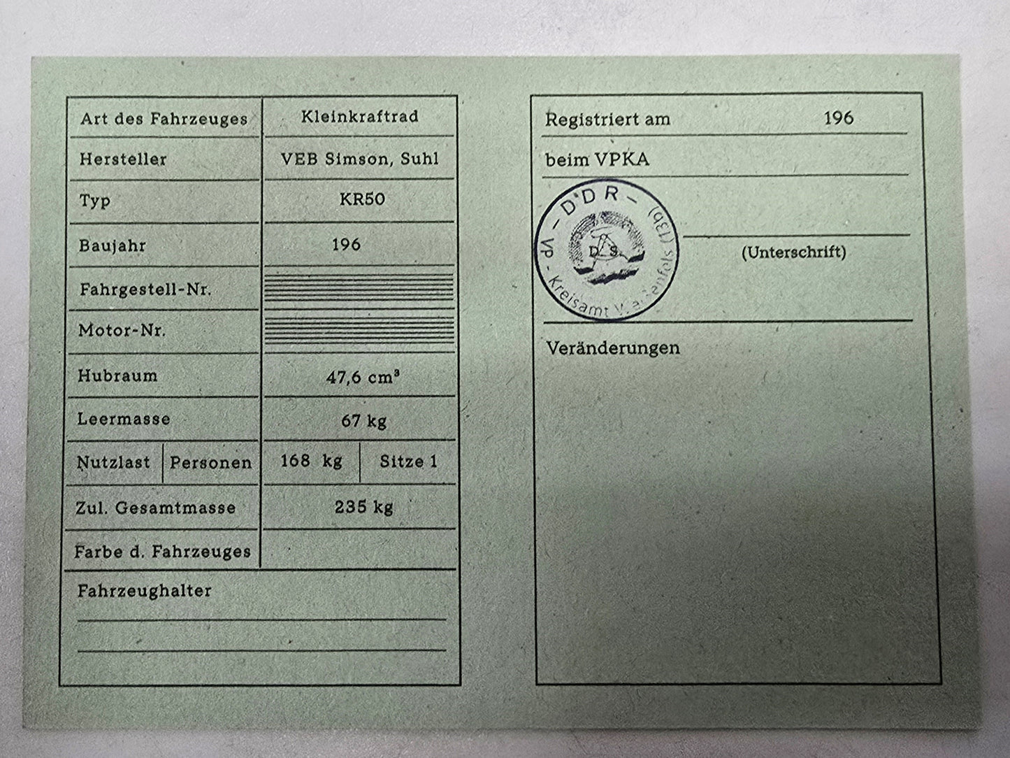 Simson Registrierschein DDR KR50 235kg VK46a Blanko