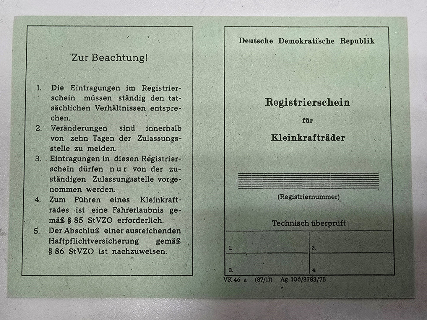 Simson Registrierschein DDR KR51/1 F/H 230 kg VK46a Blanko