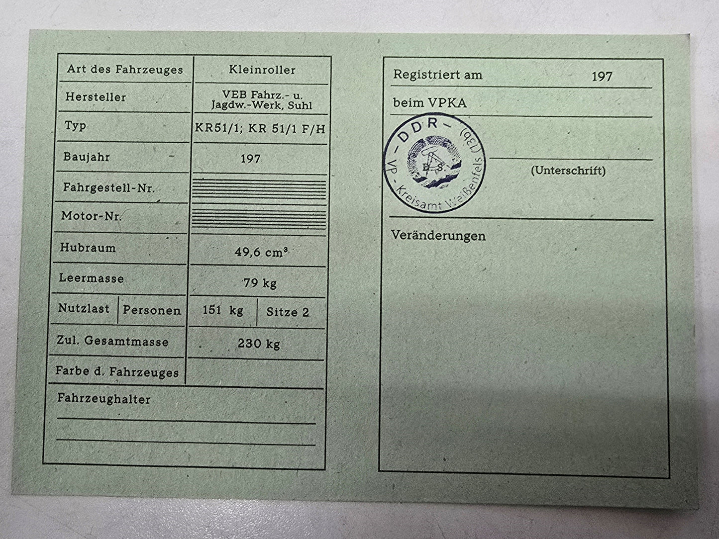 Simson Registrierschein DDR KR51/1 F/H 230 kg VK46a Blanko