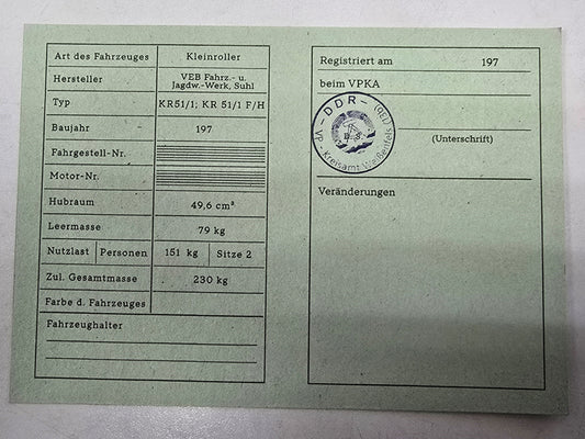 Simson Registrierschein DDR KR51/1 F/H 230 kg VK46a Blanko