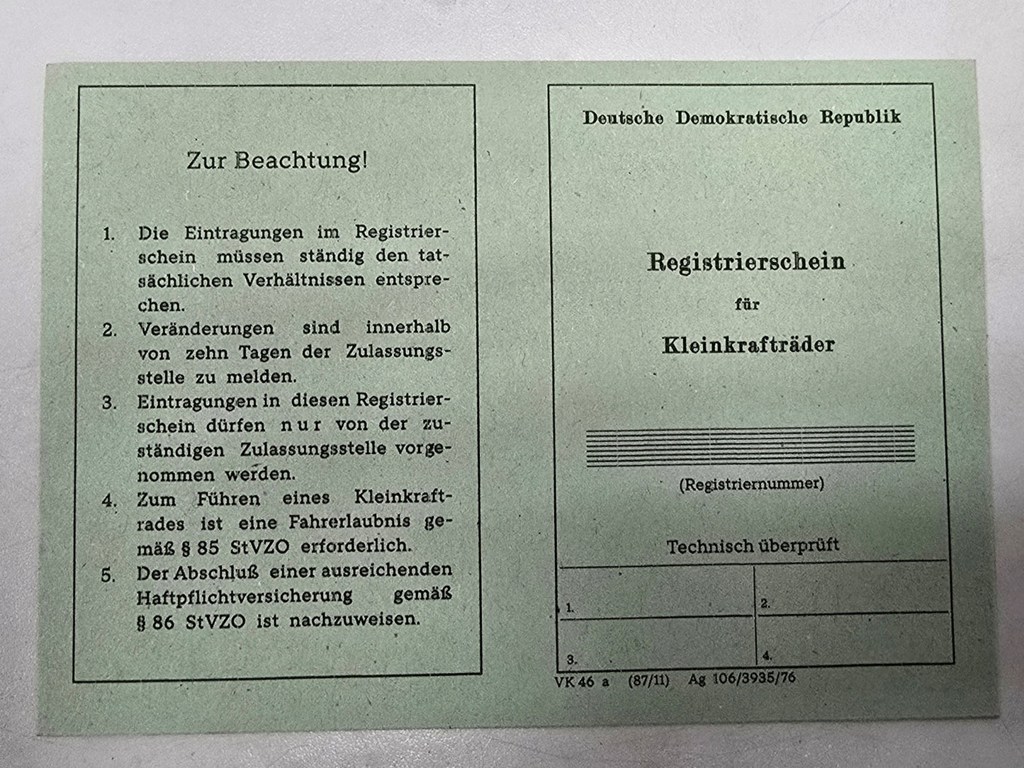 Simson Registrierschein DDR KR51/1 K 235 kg VK46a Blanko