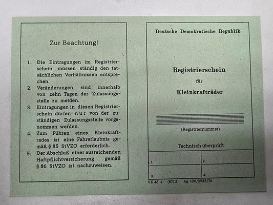 Simson Registrierschein DDR KR51/1 K 235 kg VK46a Blanko