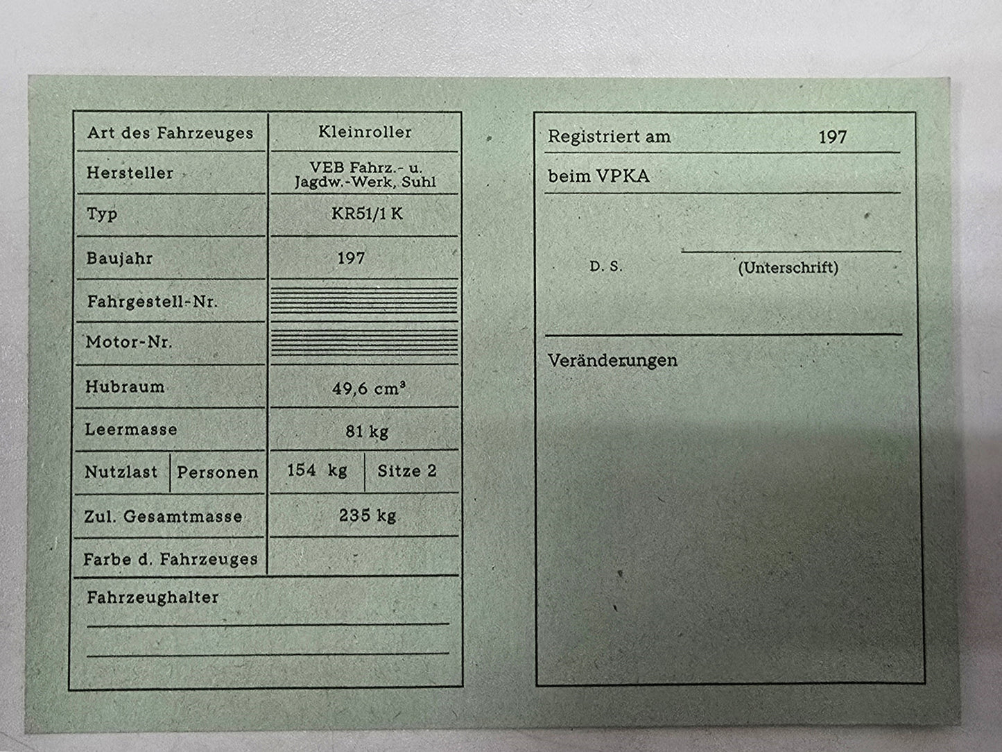 Simson Registrierschein DDR KR51/1 K 235 kg VK46a Blanko