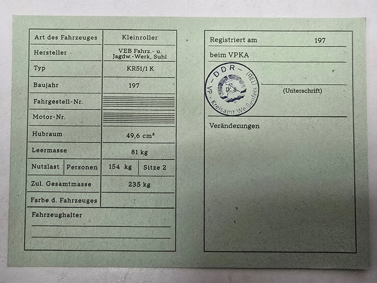Simson Registrierschein DDR KR51/1 K 235 kg VK46a Blanko