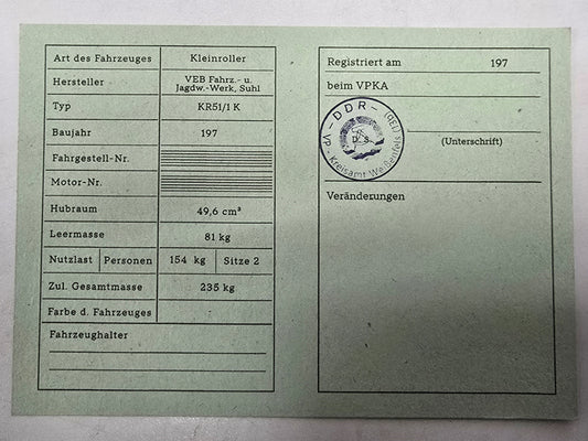 Simson Registrierschein DDR KR51/1 K 235 kg VK46a Blanko