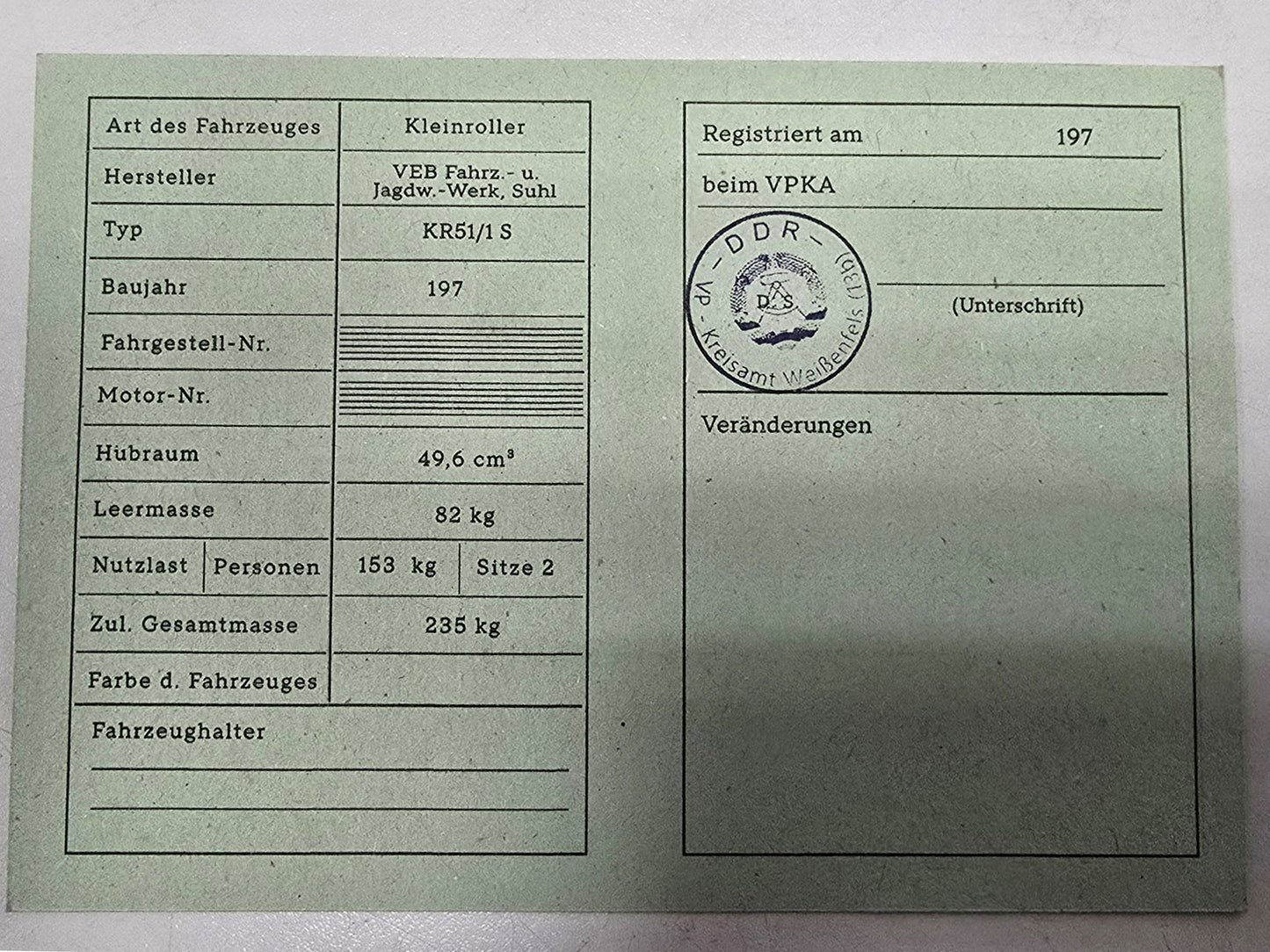 Simson Registrierschein DDR KR51/1 S 235 kg VK46a Blanko