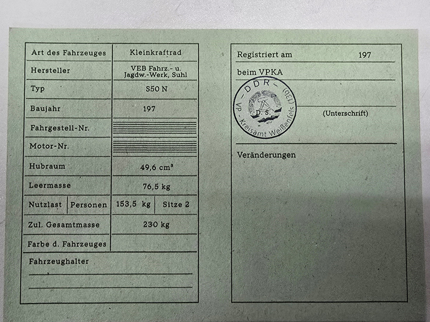 Simson Registrierschein DDR S50 N 230kg VK46a Blanko