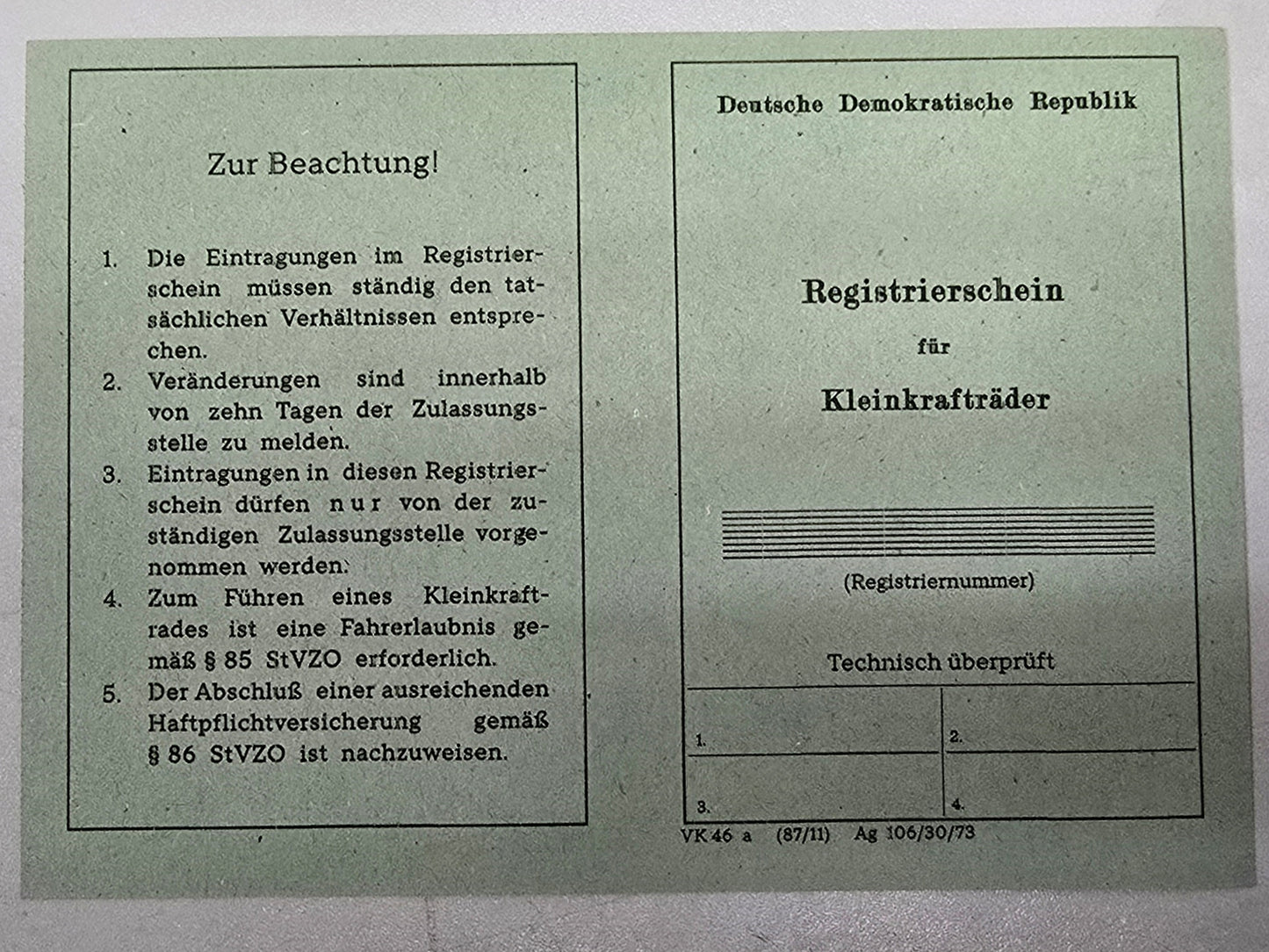 Simson Registrierschein DDR SR4-2/1 230kg VK46a Blanko