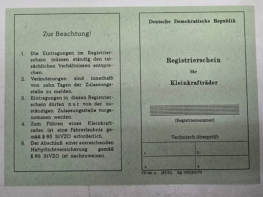 Simson Registrierschein DDR SR4-2/1 230kg VK46a Blanko
