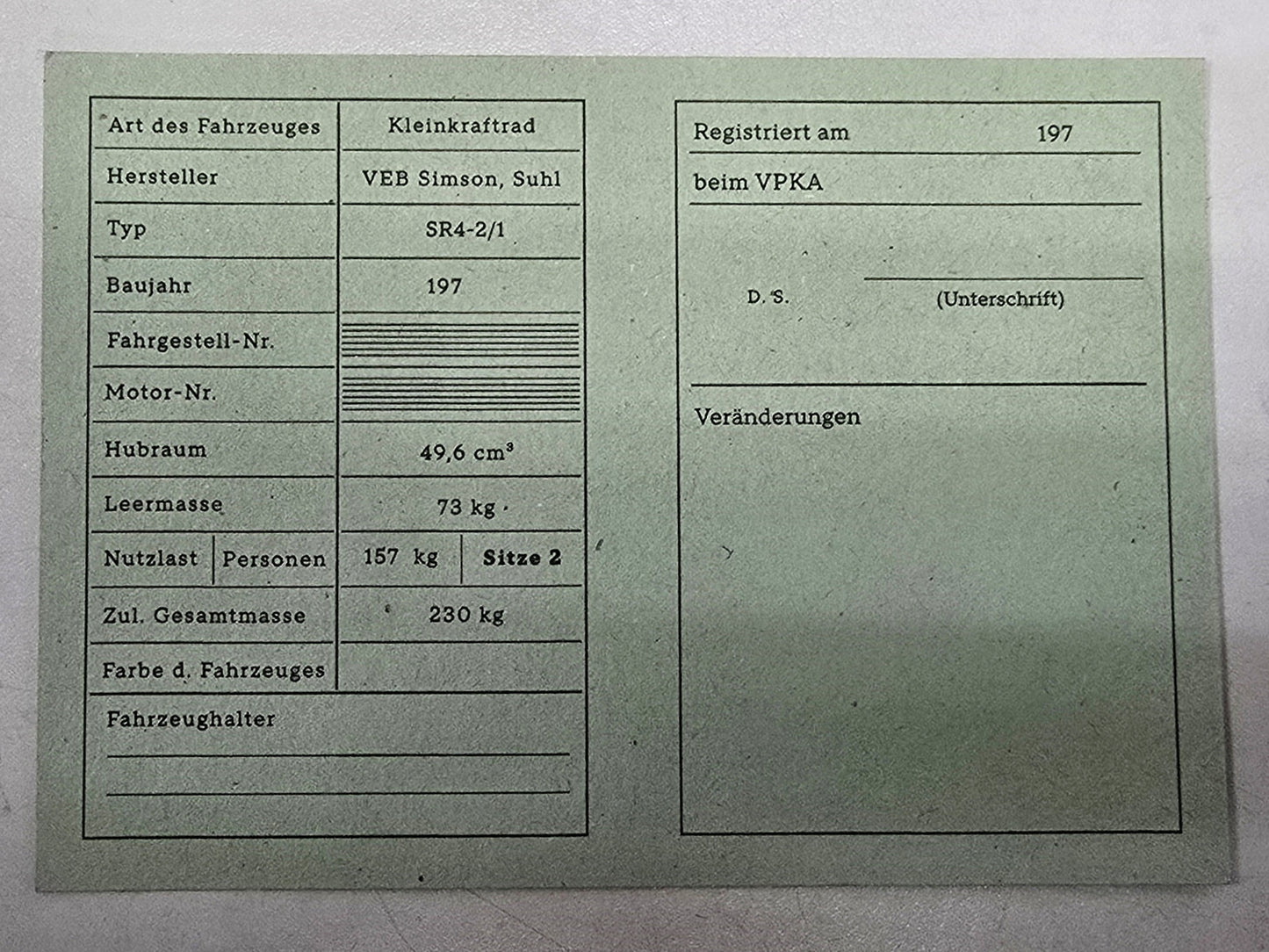 Simson Registrierschein DDR SR4-2/1 230kg VK46a Blanko