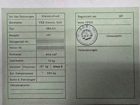 Simson Registrierschein DDR SR4-2/1 230kg VK46a Blanko
