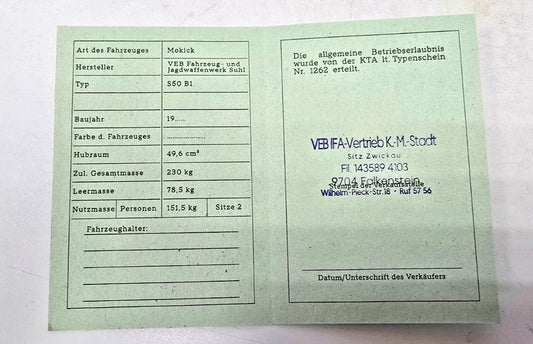 Simson Registrierschein DDR S50 B1 Blanko Typ 1262