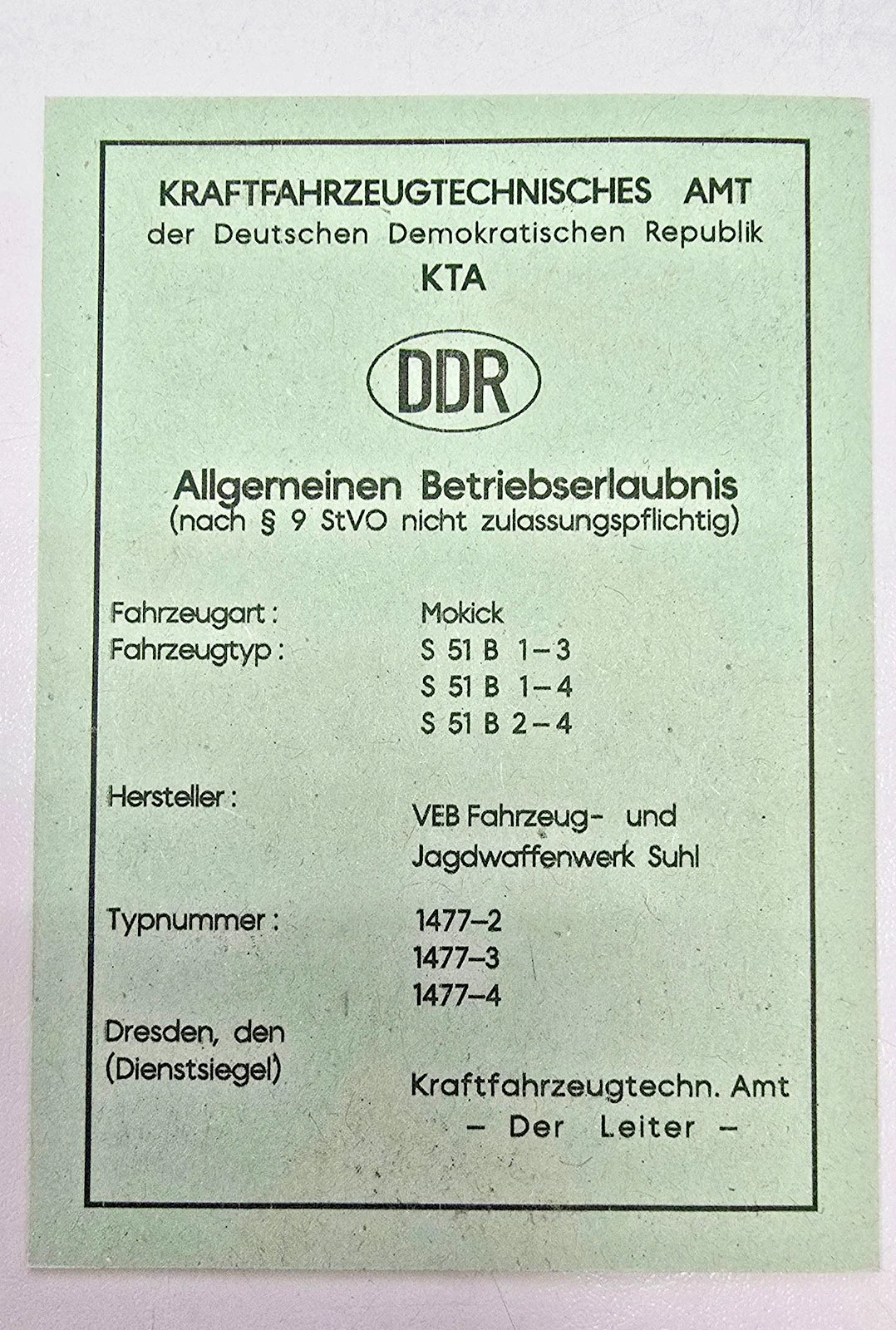 Simson KTA Papiere DDR S51 B1-3 /B1-4 /B2-4 Typ 1477-2/-3/-4 Blanko