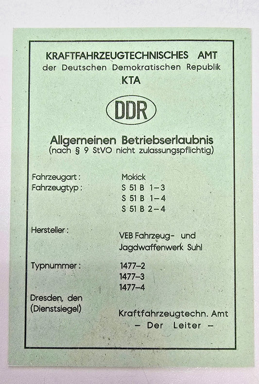 Simson KTA Papiere DDR S51 B1-3 /B1-4 /B2-4 Typ 1477-2/-3/-4 Blanko
