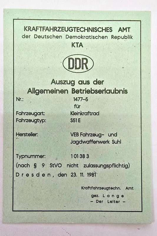 Simson KTA Papiere DDR S51 E Typ 1477-5 Blanko
