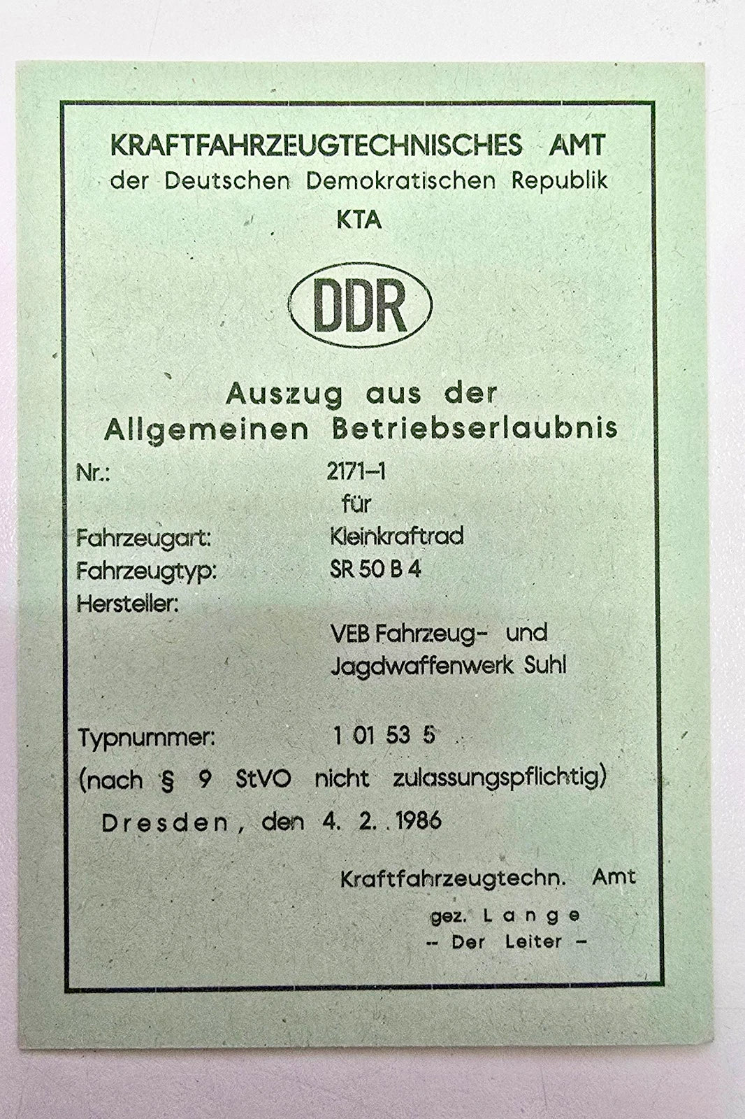 Simson KTA Papiere DDR SR50 B4 Typ 2171-1 Blanko