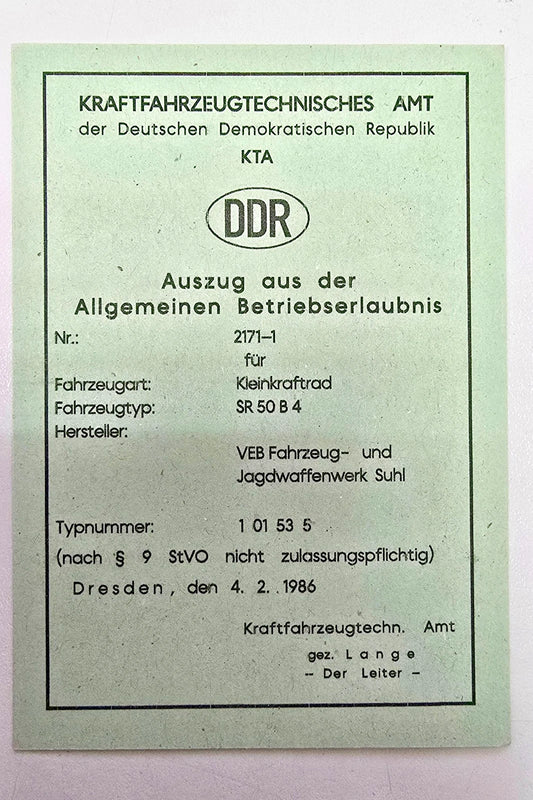 Simson KTA Papiere DDR SR50 B4 Typ 2171-1 Blanko