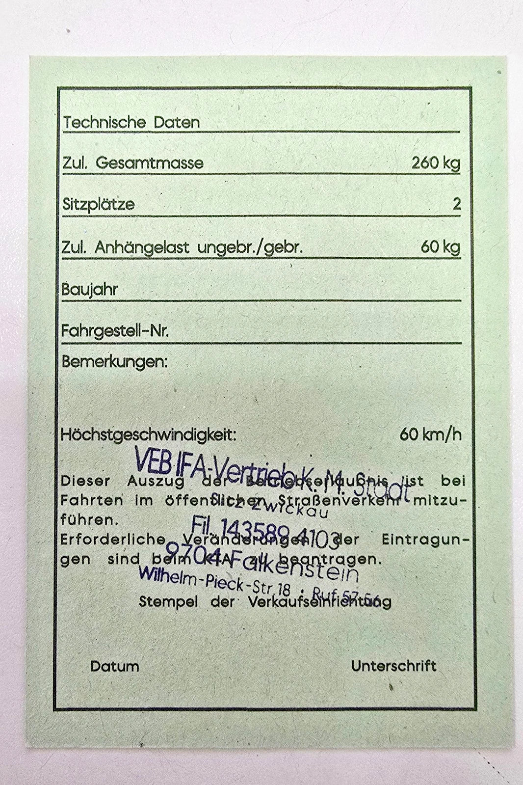 Simson KTA Papiere DDR SR50 B4 Typ 2171-1 Blanko
