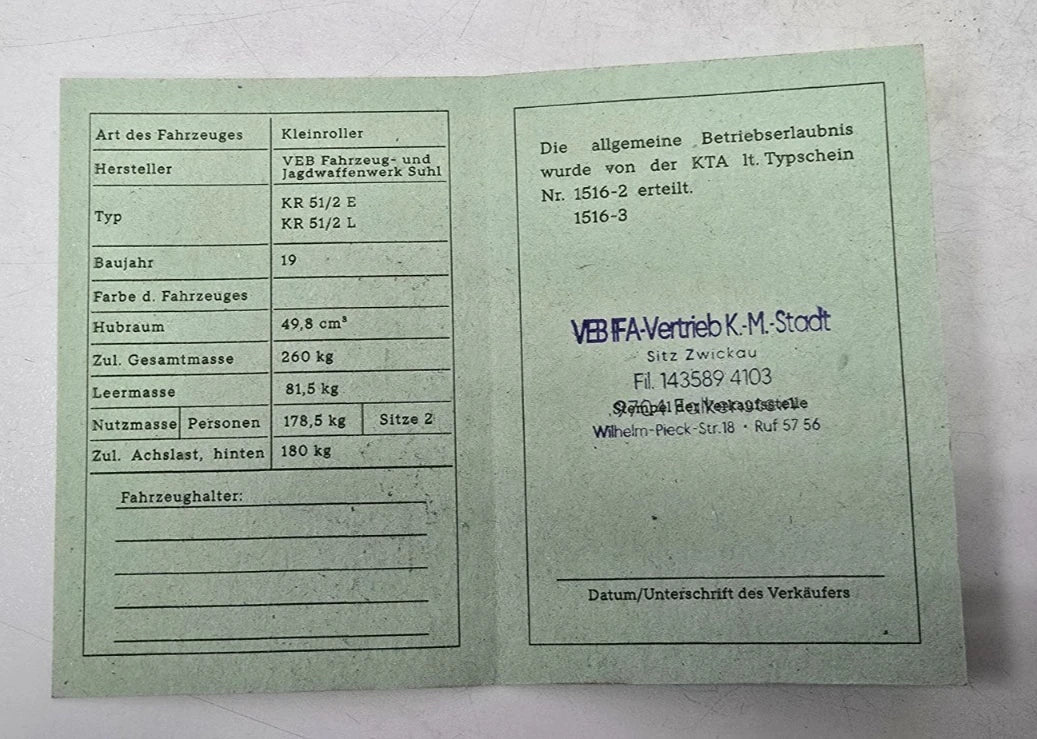 Simson Registrierschein DDR KR51/2 E / L Blanko Typ 1516-2 / -3