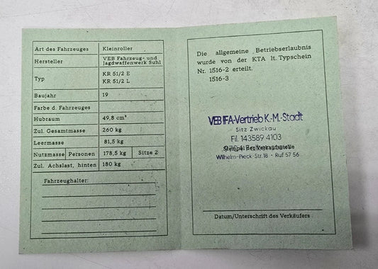 Simson Registrierschein DDR KR51/2 E / L Blanko Typ 1516-2 / -3