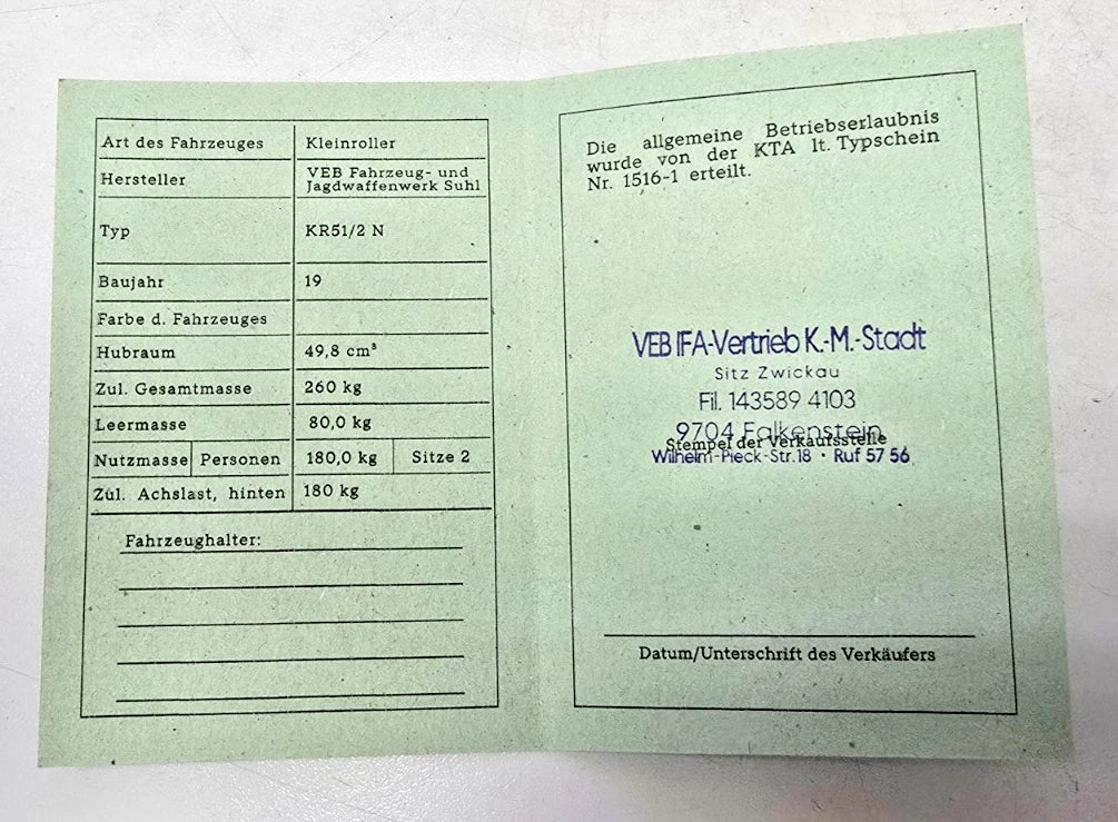 Simson Registrierschein DDR KR51/2 N Blanko Typ 1516-1
