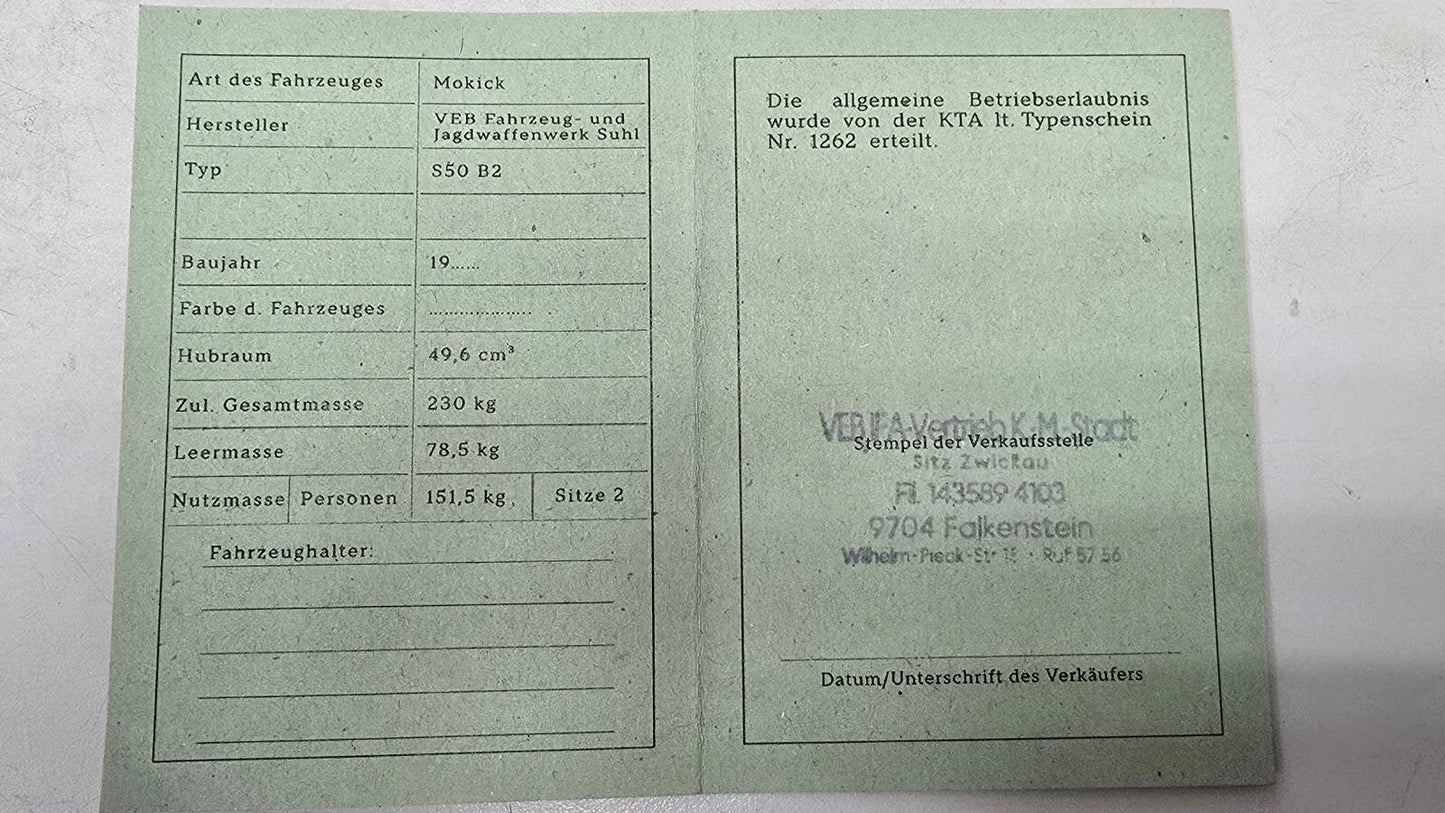 Simson Registrierschein DDR S50 B2 Blanko Typ 1262