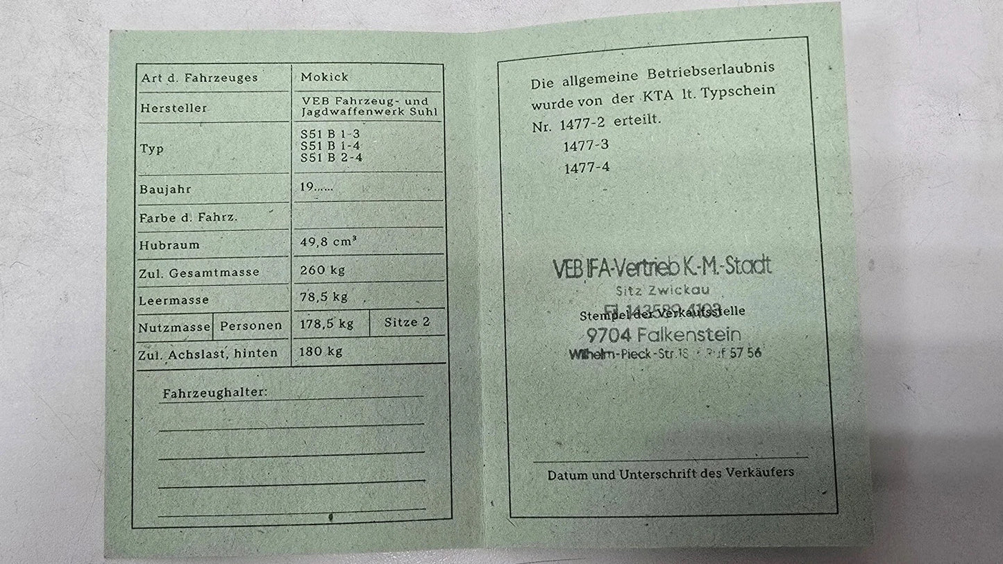 Simson Registrierschein DDR  S51 B1-3 B1-4 B2-4 Blanko Typ 1477-2/-3/-4