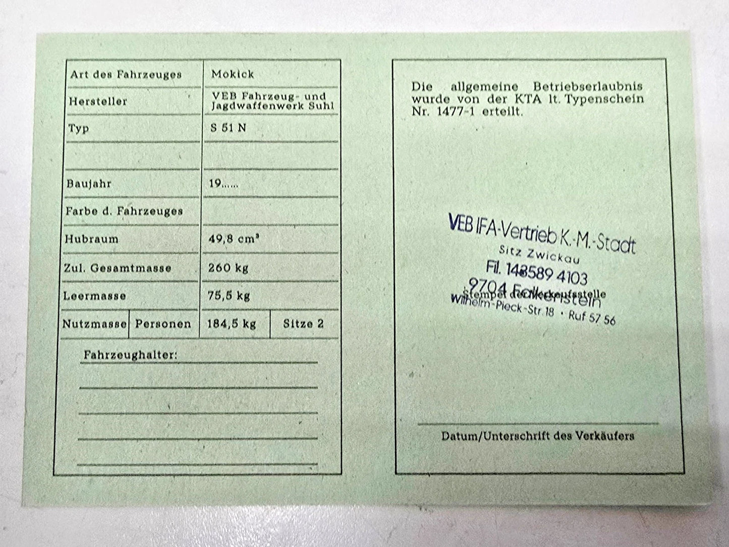 Simson Registrierschein DDR  S51 N Blanko Typ 1477-1