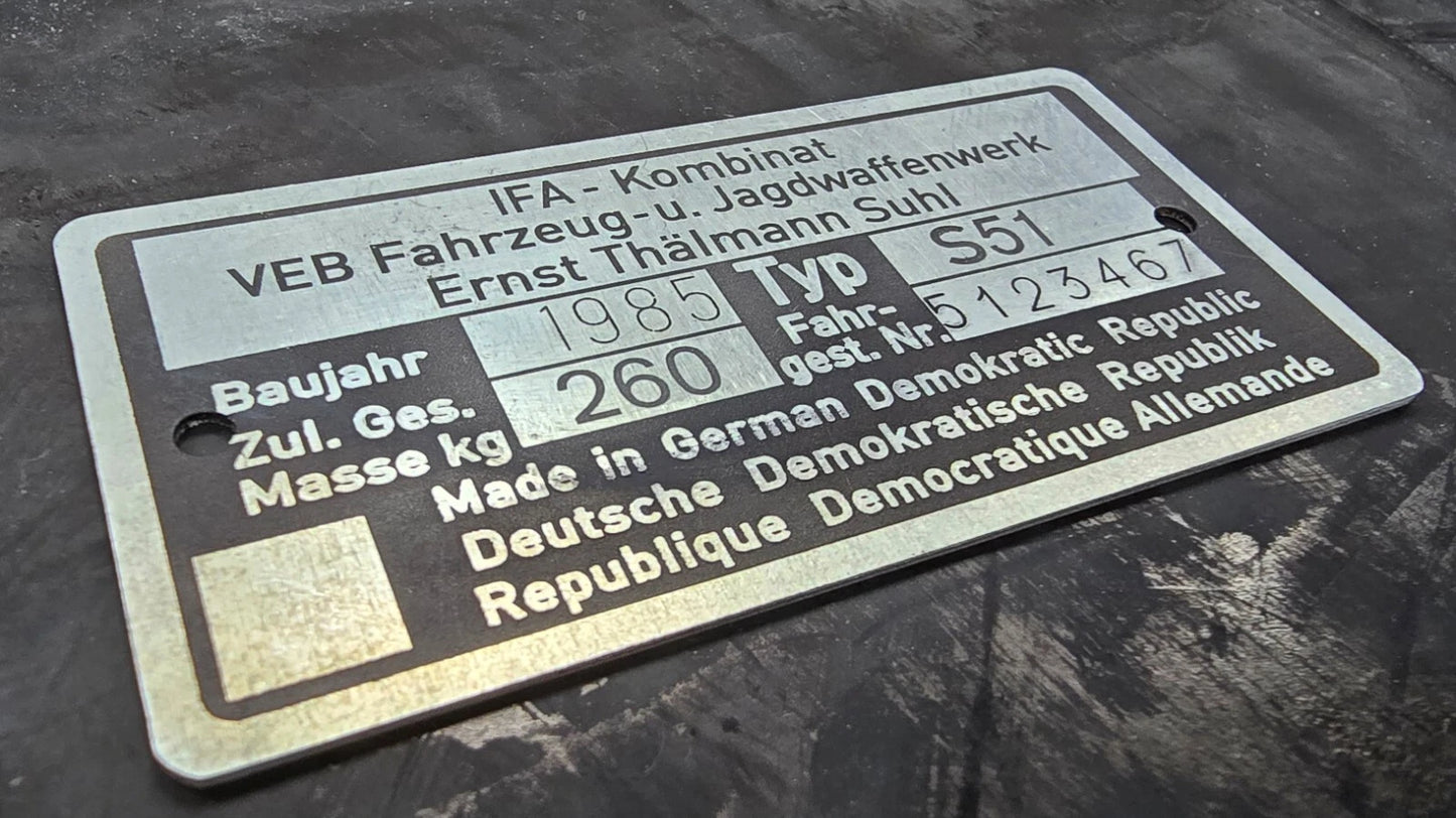 IFA Typenschild Simson S51 260kg - Kundenwunsch Nachfertigung